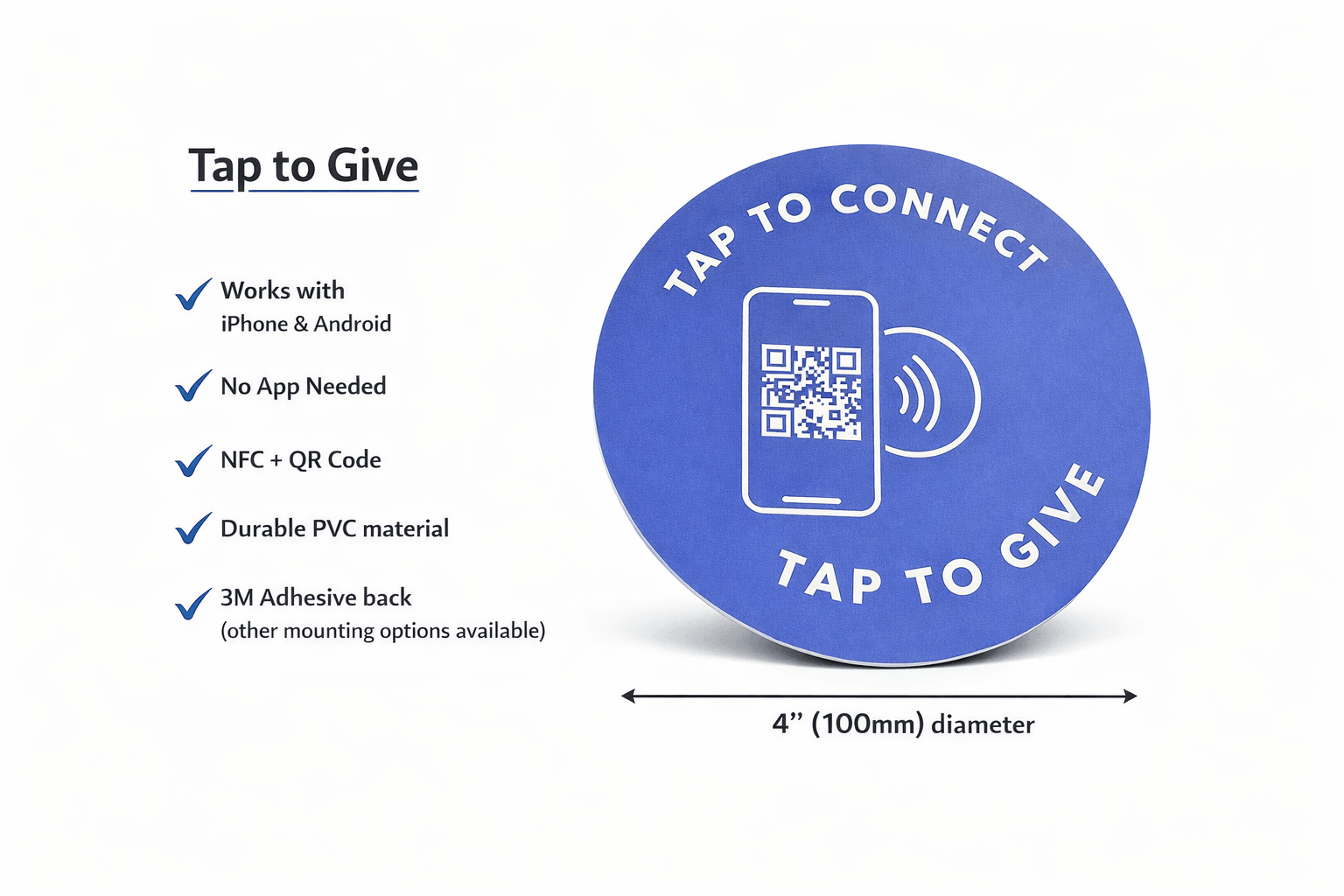 Tap to Give NFC plate for churches — 4 inch diameter, works with iPhone and Android, no app needed, NFC plus QR code, durable PVC with 3M adhesive back